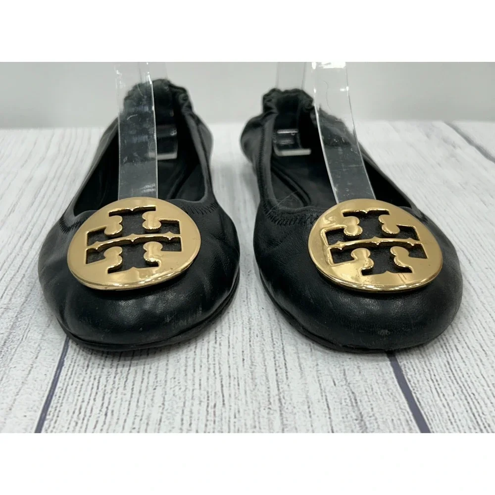 Tory‎ Burch Sz 8? Minnie Flats Black Leather Gold Logo Medallion Ballet Slip On